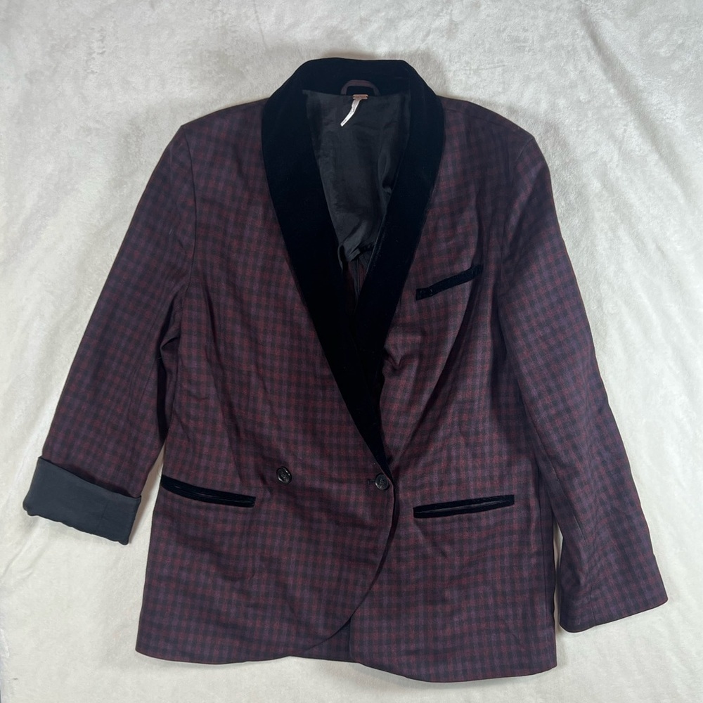 Free People Velvet Trimmed Red Tartan Plaid Smokers Jacket Oversized Medium Chic